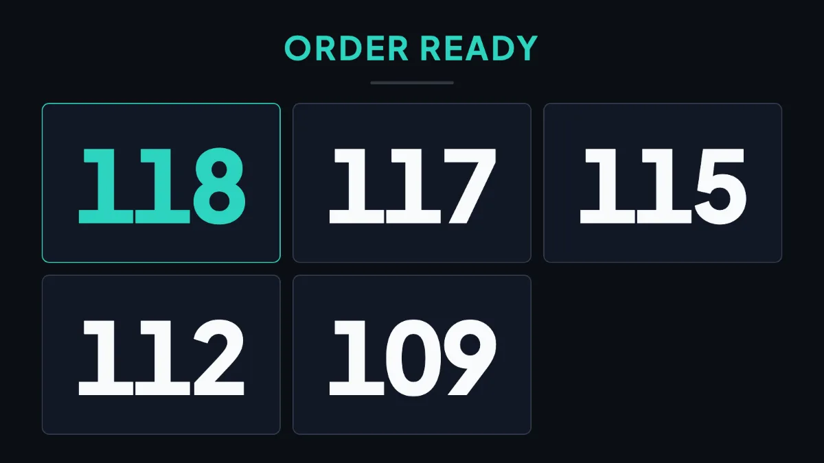 A TV running Layar with an Order ready list of five order numbers.